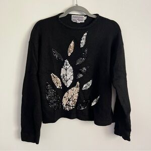 Vintage 80s Samantha Starr Sequin Sweater Black Embellished Knit Size Large